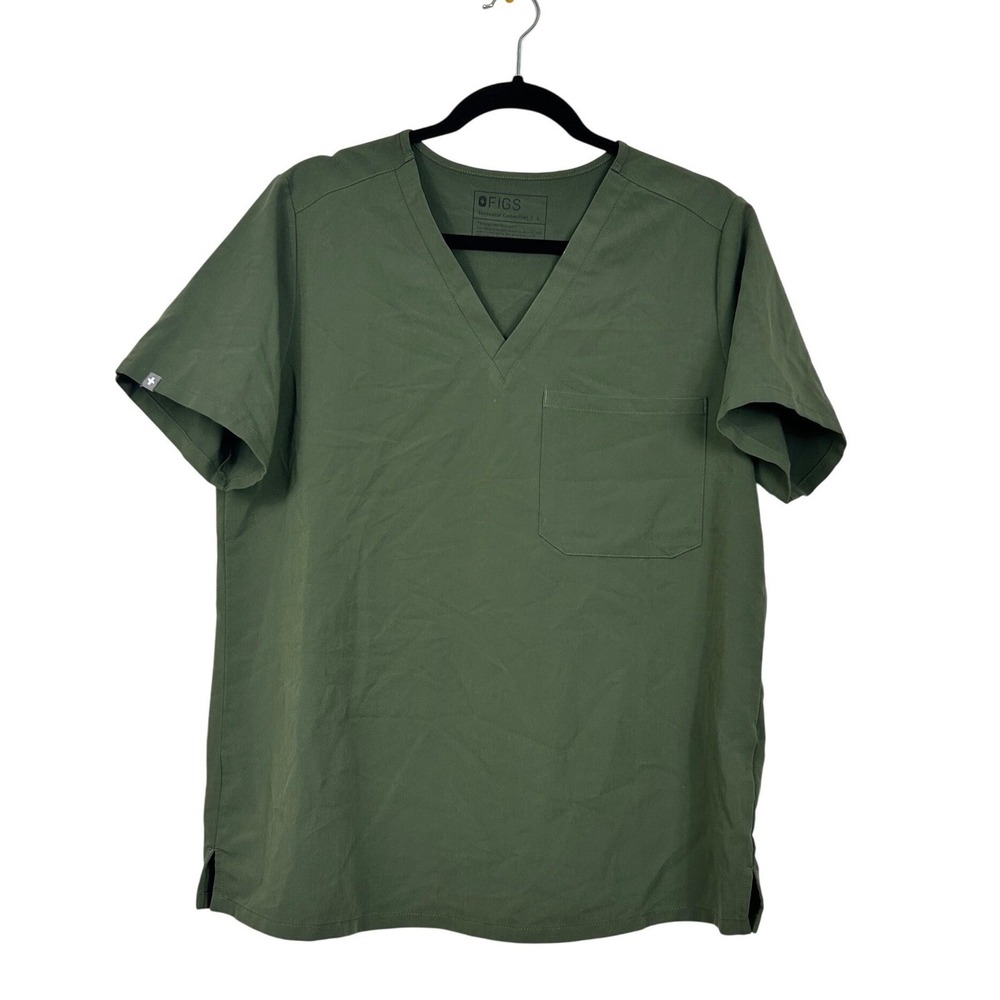 FIGS Scrub Top Men Women Large Olive Green V-Neck Technical Collection Pocket